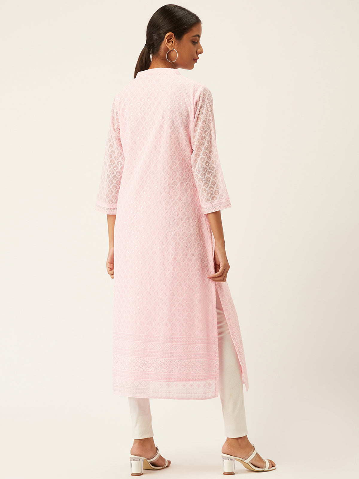 Pink Poly Georgette Straight Embroidered Stitched Kurta