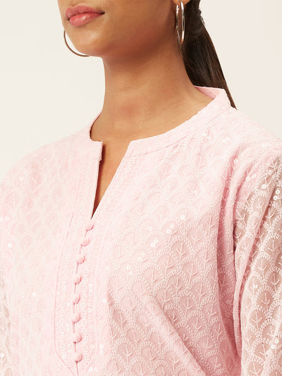 Pink Poly Georgette Straight Embroidered Stitched Kurta