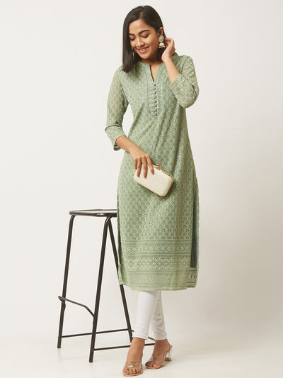 Green Poly Georgette Straight Embroidered Stitched Kurta