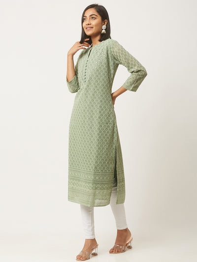 Green Poly Georgette Straight Embroidered Stitched Kurta