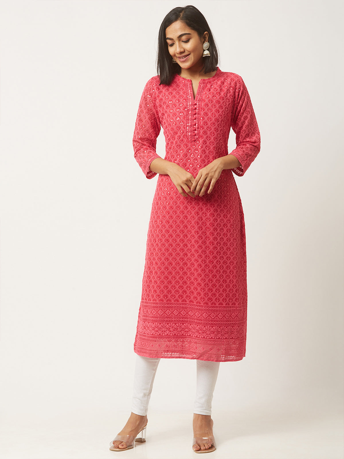 Magenta Poly Georgette Straight Embroidered Stitched Kurta