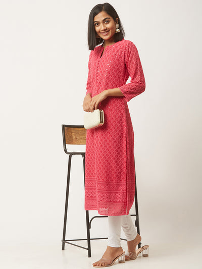 Magenta Poly Georgette Straight Embroidered Stitched Kurta