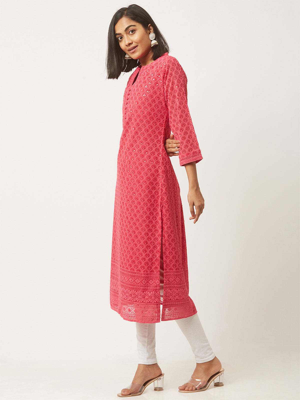 Magenta Poly Georgette Straight Embroidered Stitched Kurta