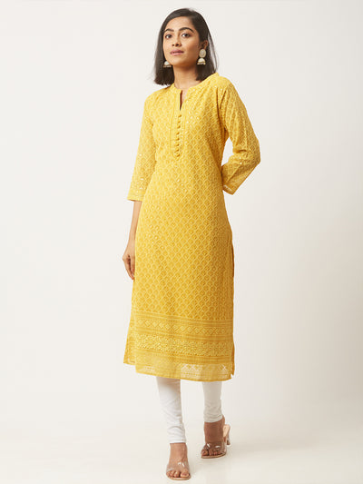 Mustard Poly Georgette Straight Embroidered Stitched Kurta