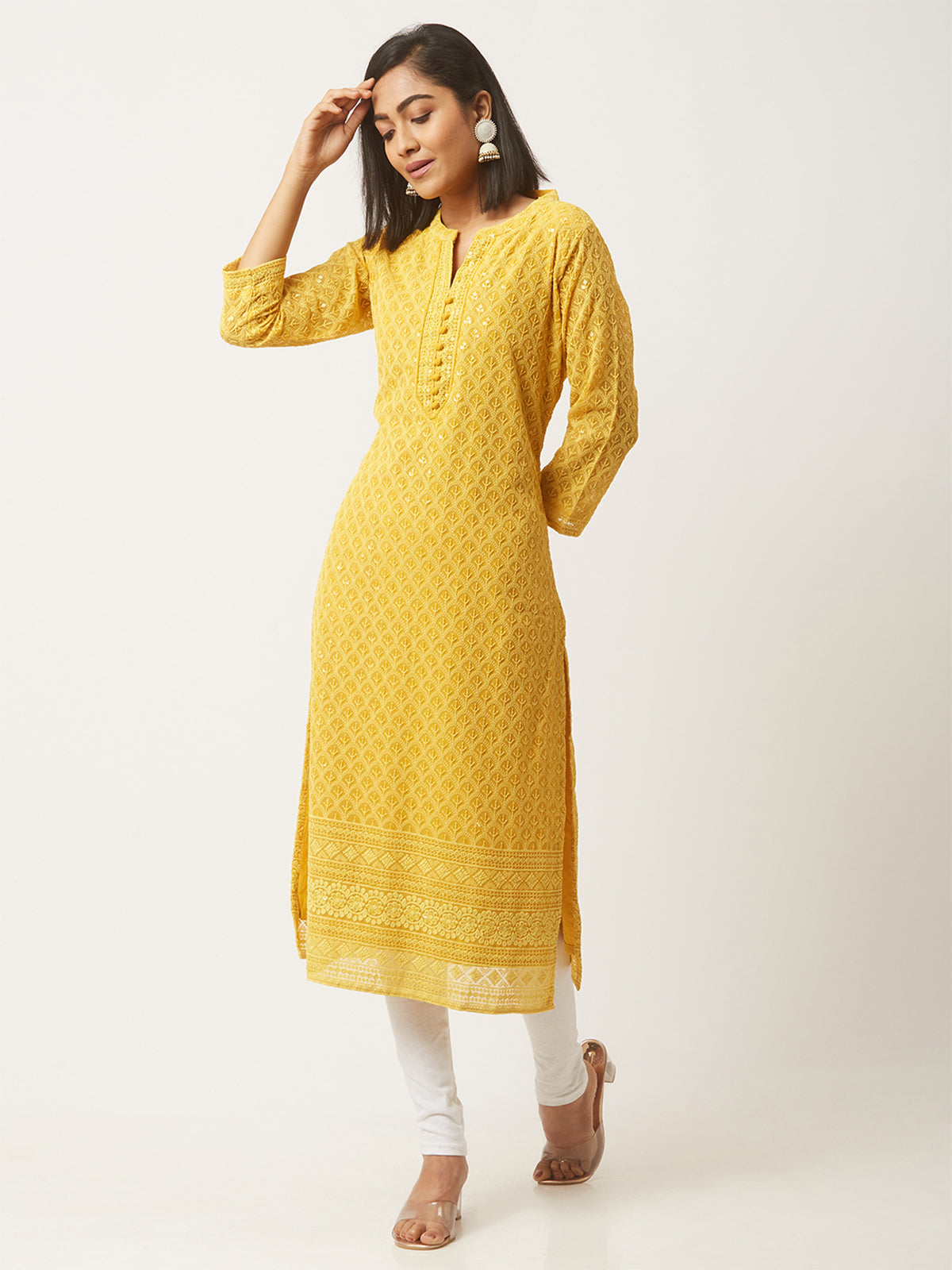 Mustard Poly Georgette Straight Embroidered Stitched Kurta