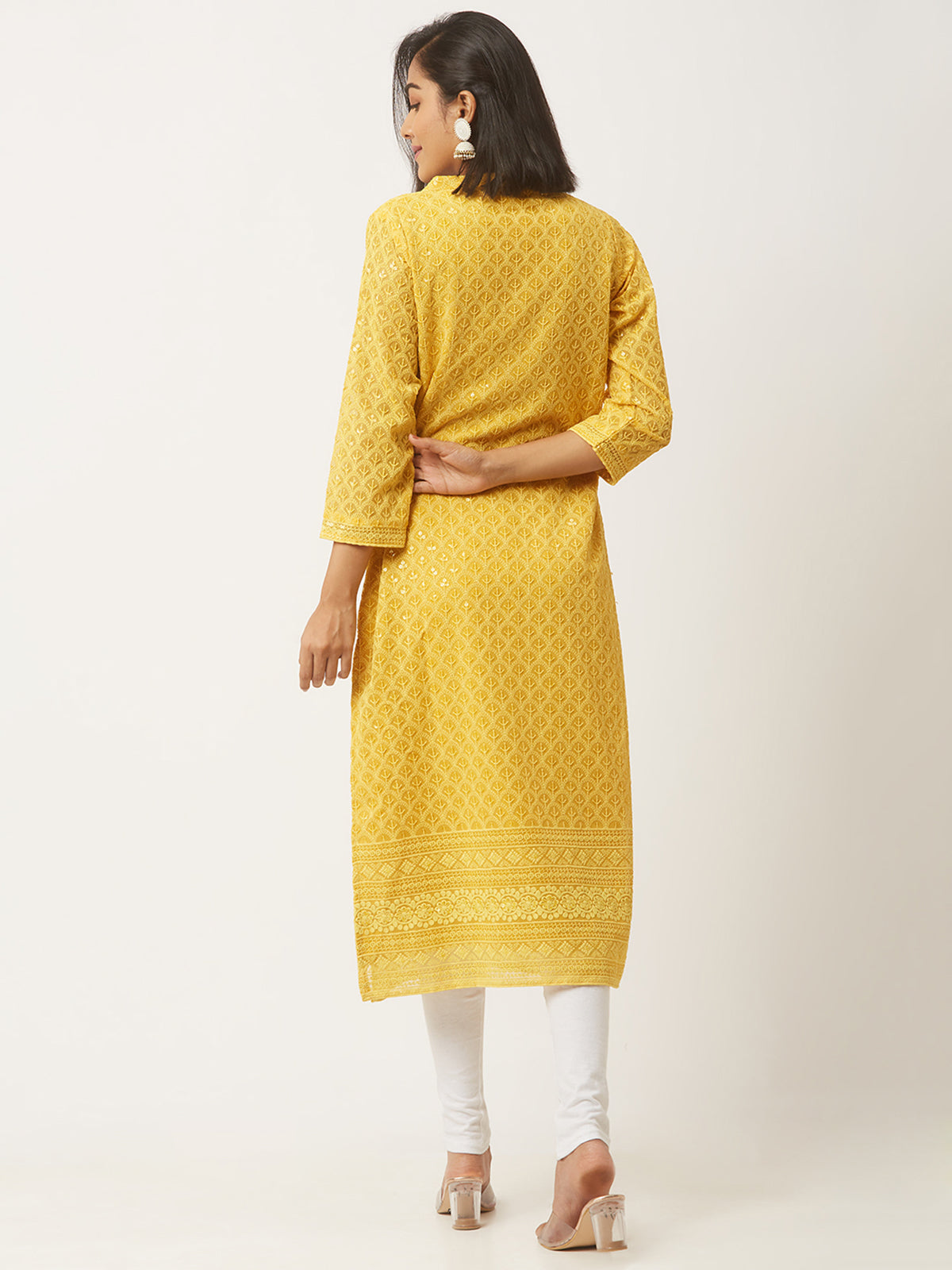 Mustard Poly Georgette Straight Embroidered Stitched Kurta