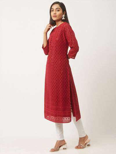 Maroon Poly Georgette Straight Embroidered Stitched Kurta