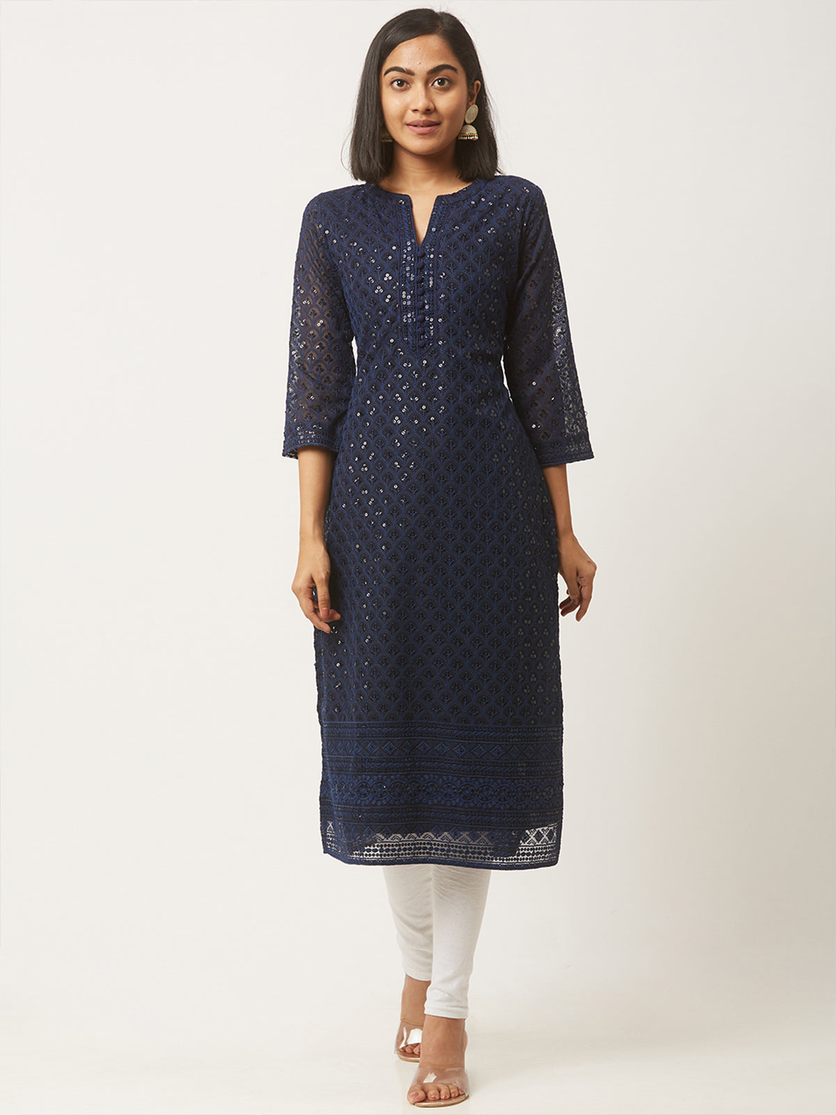 Navy Blue Poly Georgette Straight Embroidered Stitched Kurta