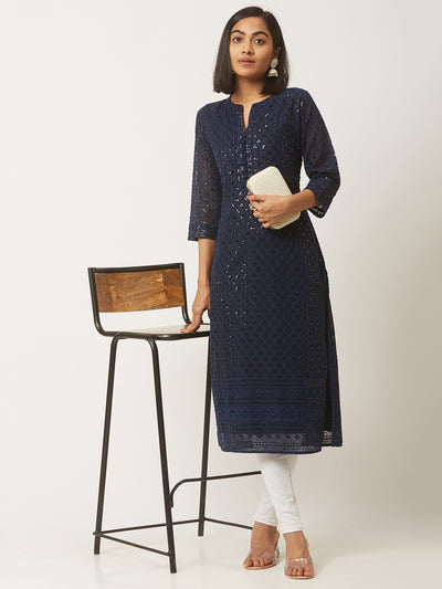 Navy Blue Poly Georgette Straight Embroidered Stitched Kurta