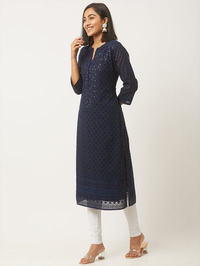 Navy Blue Poly Georgette Straight Embroidered Stitched Kurta