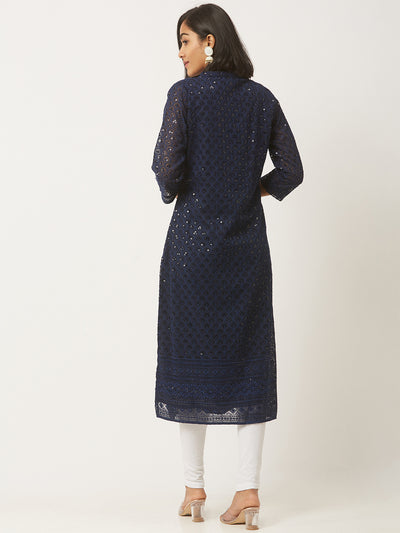 Navy Blue Poly Georgette Straight Embroidered Stitched Kurta