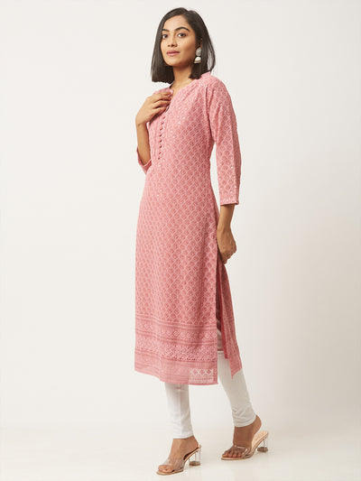 Pink Poly Georgette Straight Embroidered Stitched Kurta