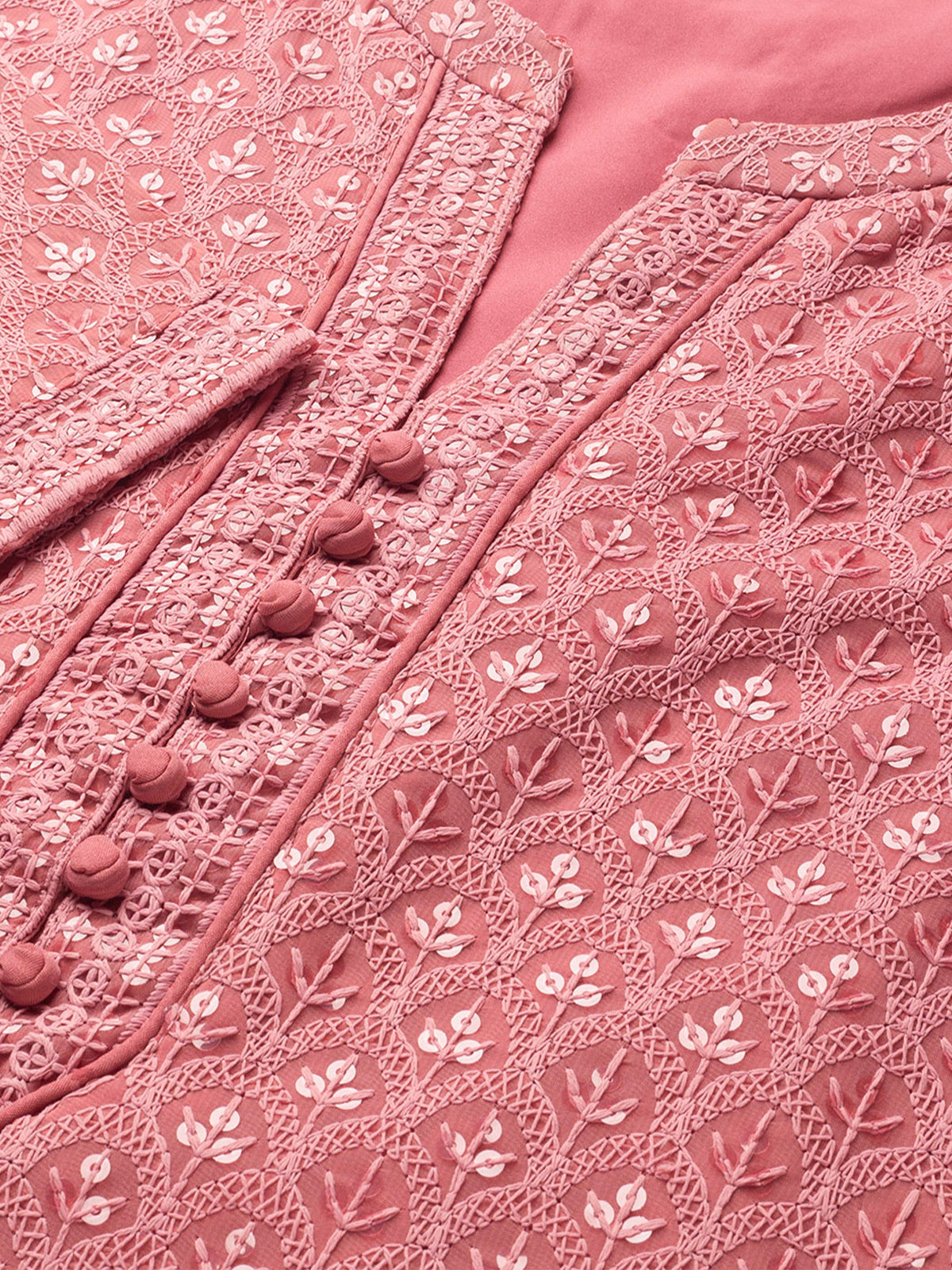 Pink Poly Georgette Straight Embroidered Stitched Kurta