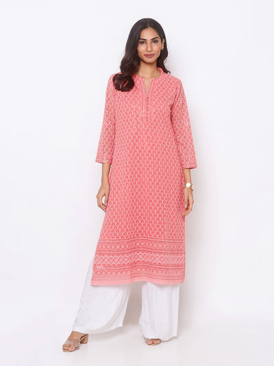 Peach Poly Georgette Straight Embroidered Stitched Kurta