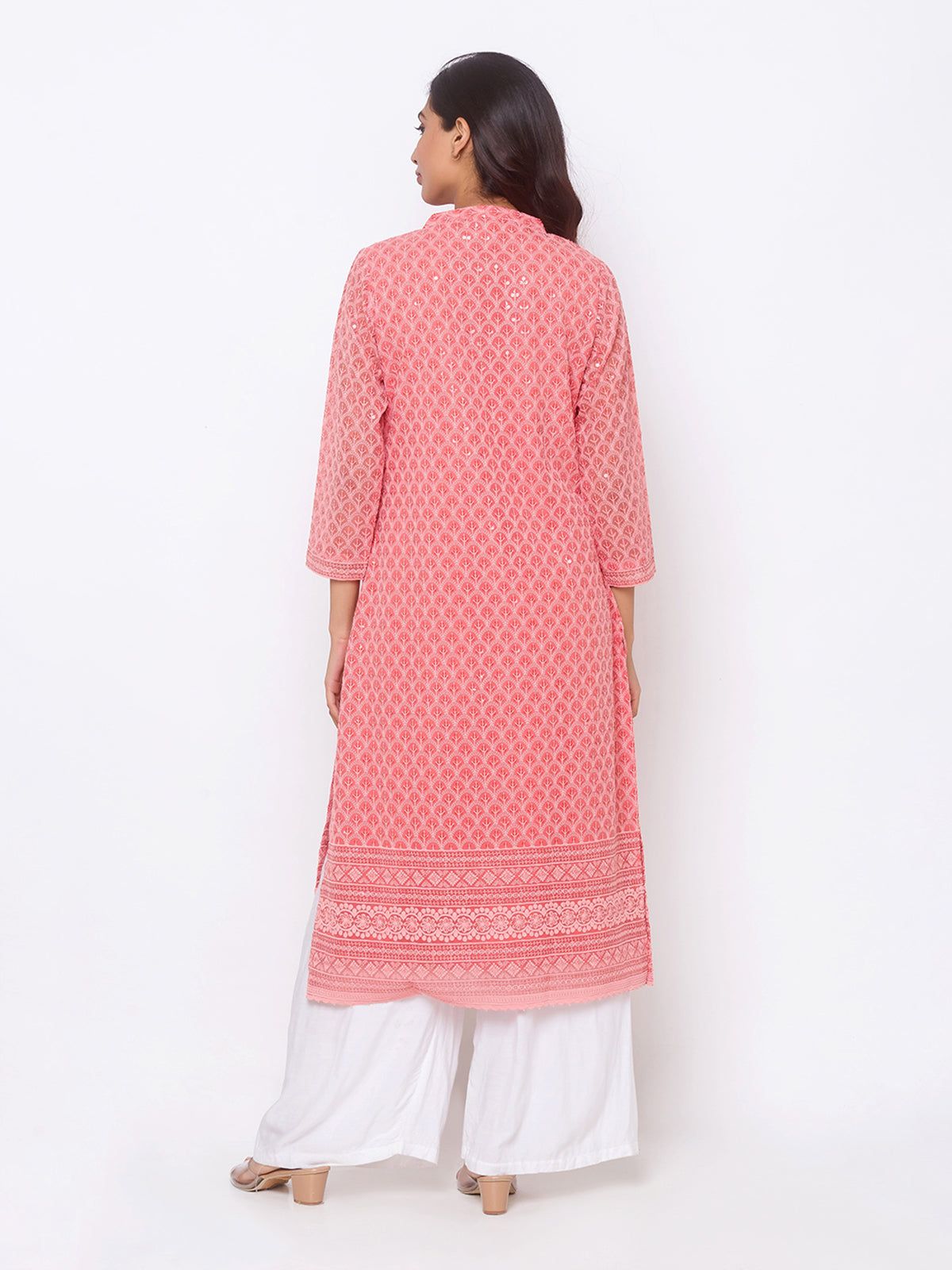 Peach Poly Georgette Straight Embroidered Stitched Kurta