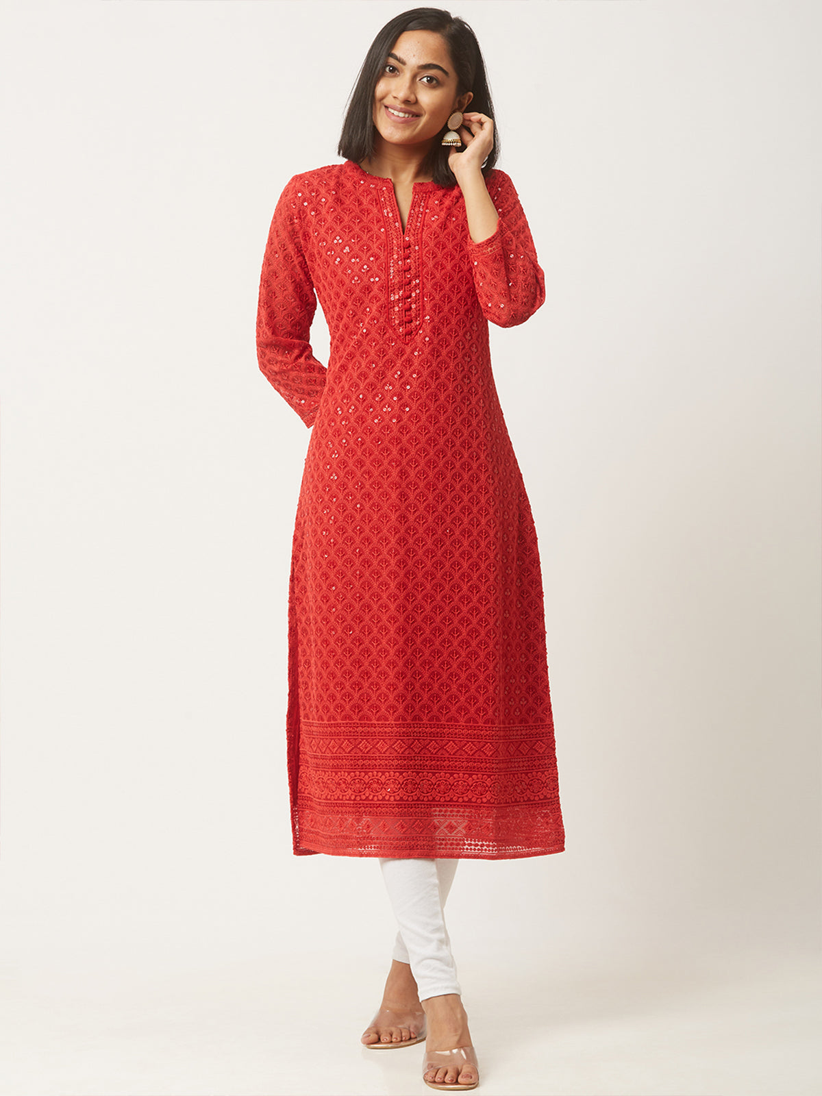 Red Poly Georgette Straight Embroidered Stitched Kurta