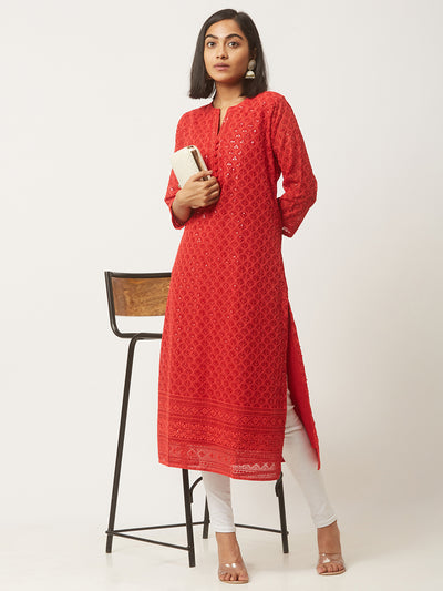 Red Poly Georgette Straight Embroidered Stitched Kurta