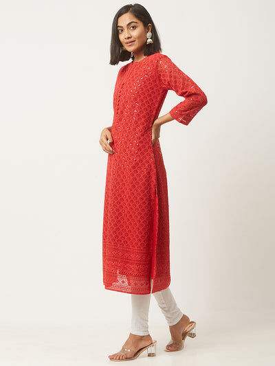 Red Poly Georgette Straight Embroidered Stitched Kurta