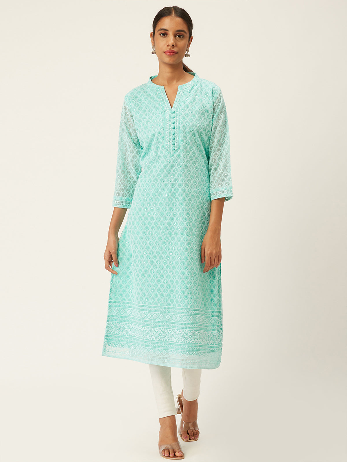 Sea Green Poly Georgette Straight Embroidered Stitched Kurta