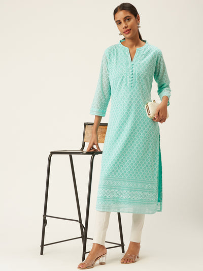 Sea Green Poly Georgette Straight Embroidered Stitched Kurta