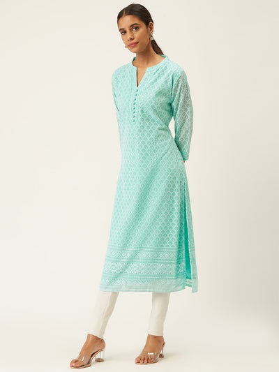 Sea Green Poly Georgette Straight Embroidered Stitched Kurta