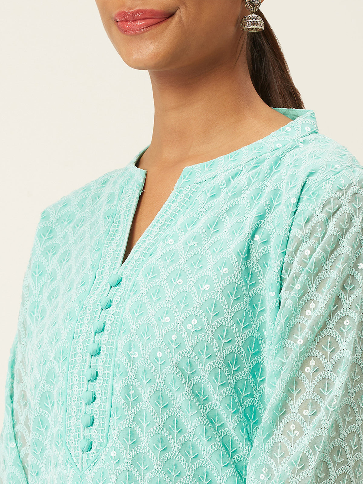 Sea Green Poly Georgette Straight Embroidered Stitched Kurta