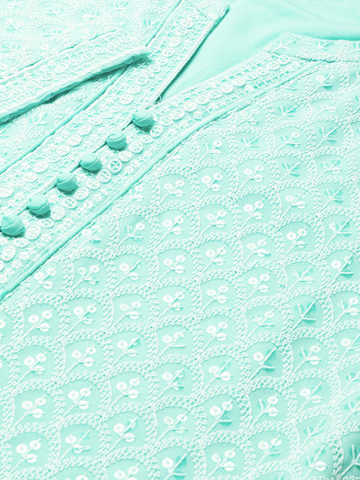 Sea Green Poly Georgette Straight Embroidered Stitched Kurta