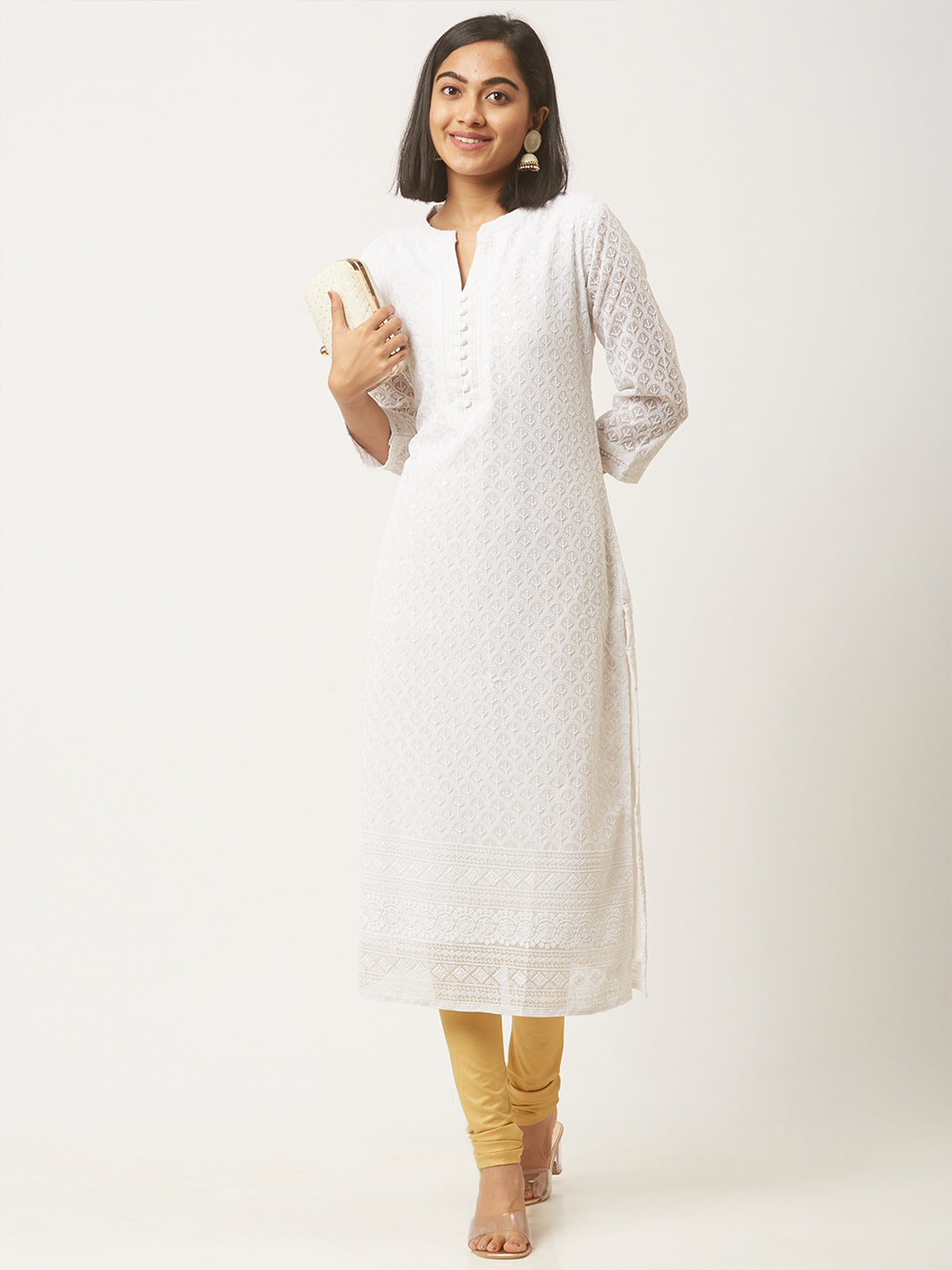 White Poly Georgette Straight Embroidered Stitched Kurta