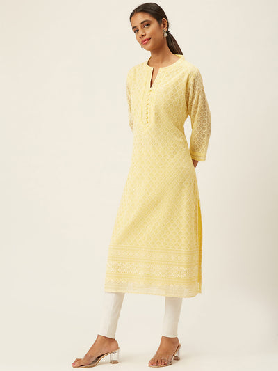 Yellow Poly Georgette Straight Embroidered Stitched Kurta