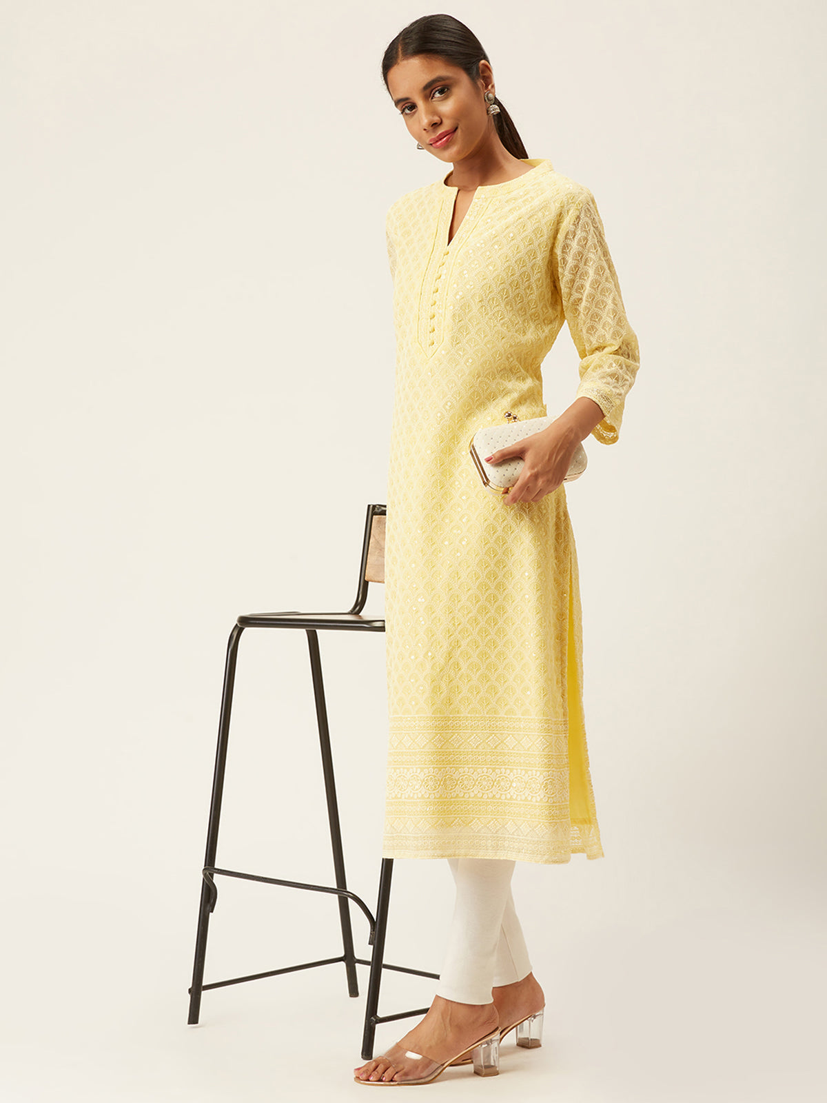 Yellow Poly Georgette Straight Embroidered Stitched Kurta