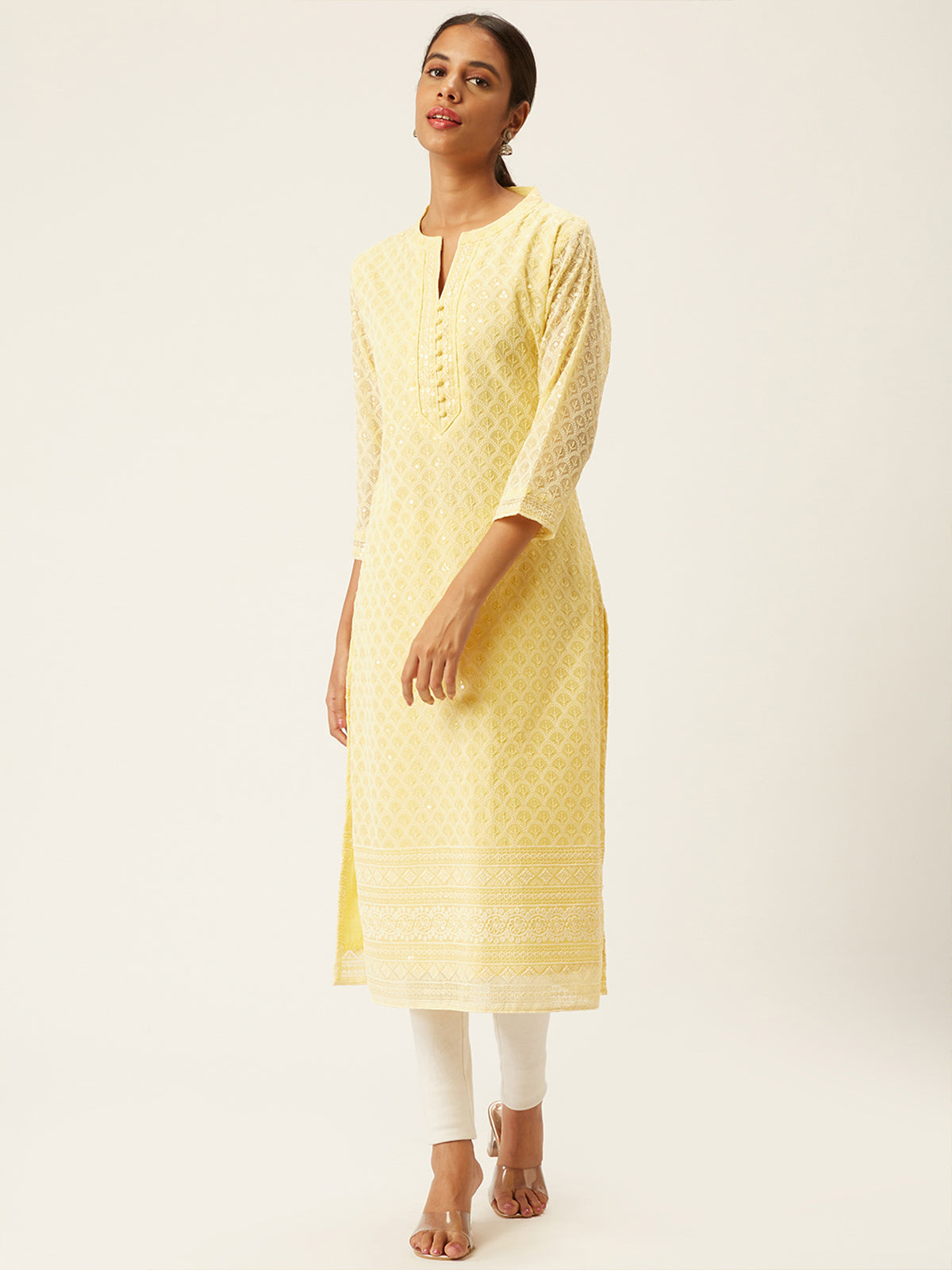 Yellow Poly Georgette Straight Embroidered Stitched Kurta