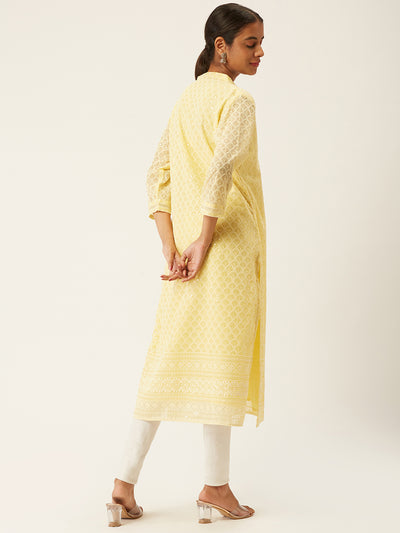 Yellow Poly Georgette Straight Embroidered Stitched Kurta