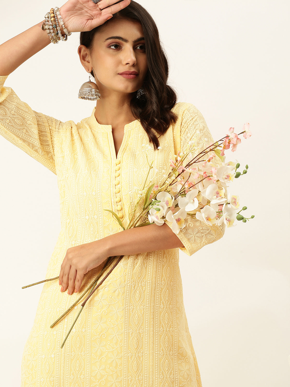 Yellow Poly Georgette Straight Embroidered Stitched Kurta