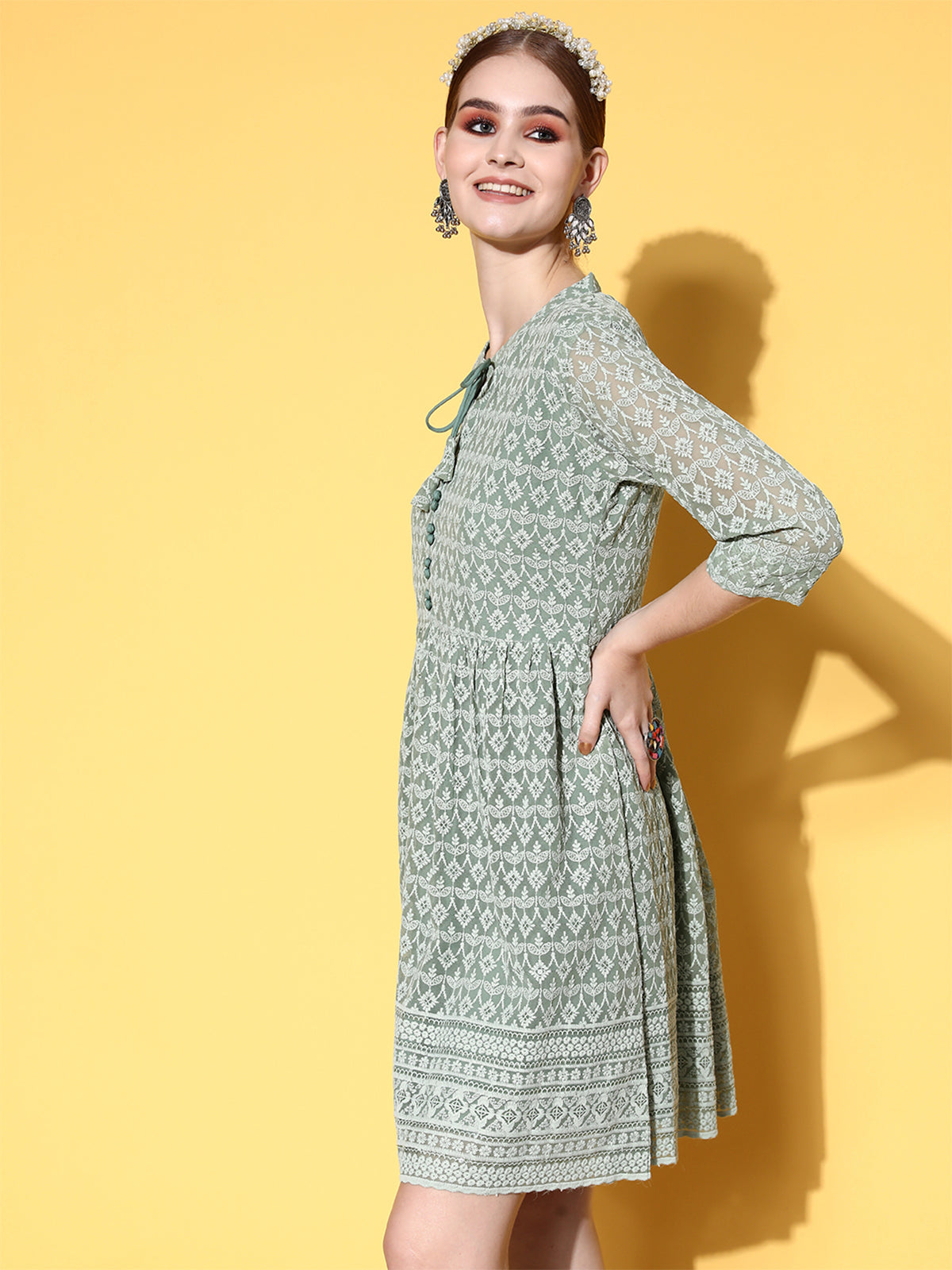 Light Green Poly Georgette Fit and Flare Embroidered Stitched Indo Western Dress