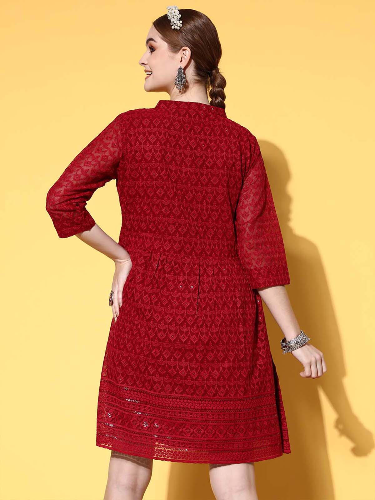 Maroon Poly Georgette Fit and Flare Embroidered Stitched Indo Western Dress