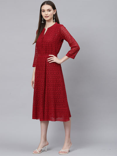 Maroon Poly Georgette Fit and Flare Embroidered Stitched Indo Western Dress