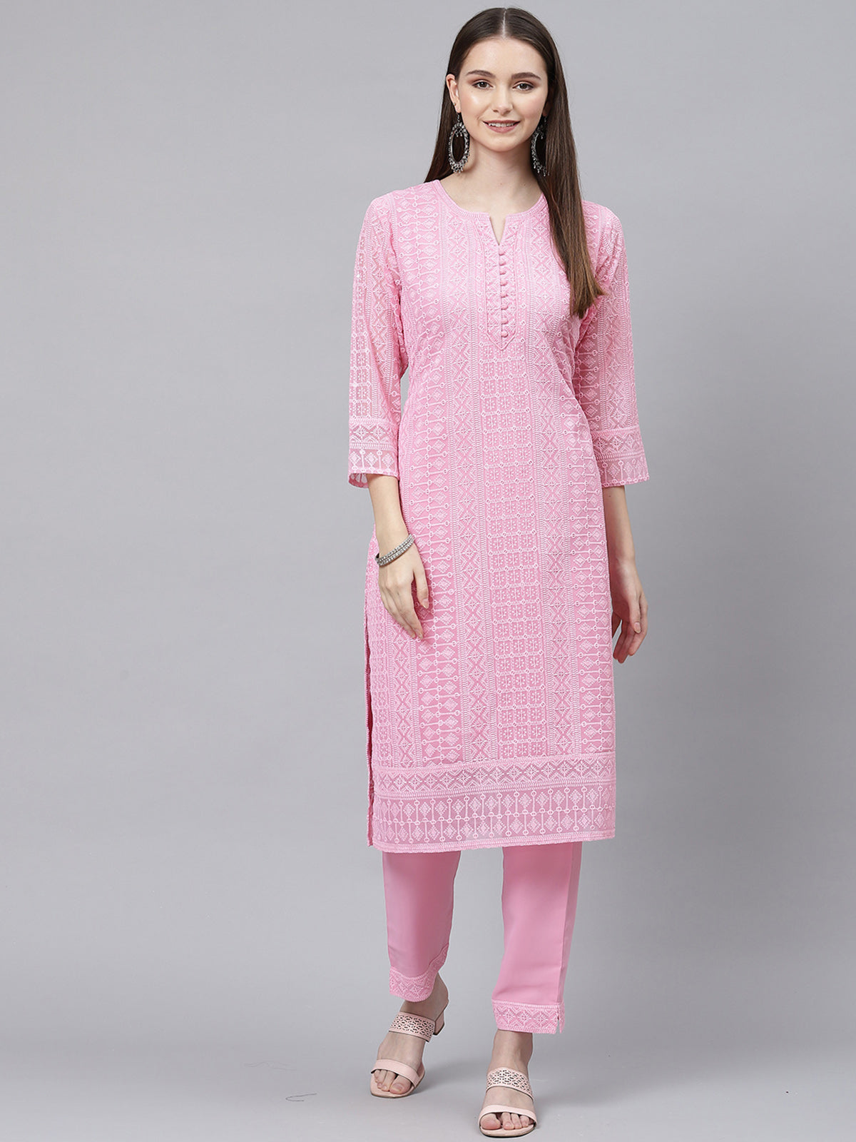 Pink Poly Georgette Straight Embroidered Stitched Kurta
