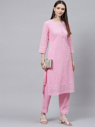 Pink Poly Georgette Straight Embroidered Stitched Kurta