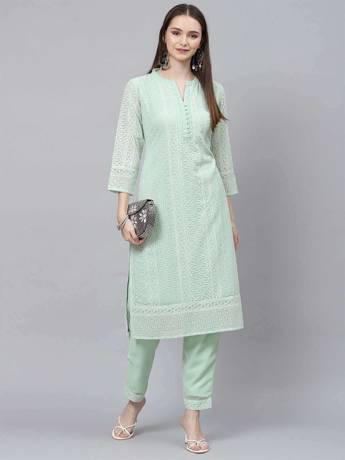 Light Green Poly Georgette Straight Embroidered Stitched Kurta