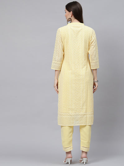 Yellow Poly Georgette Straight Embroidered Stitched Kurta