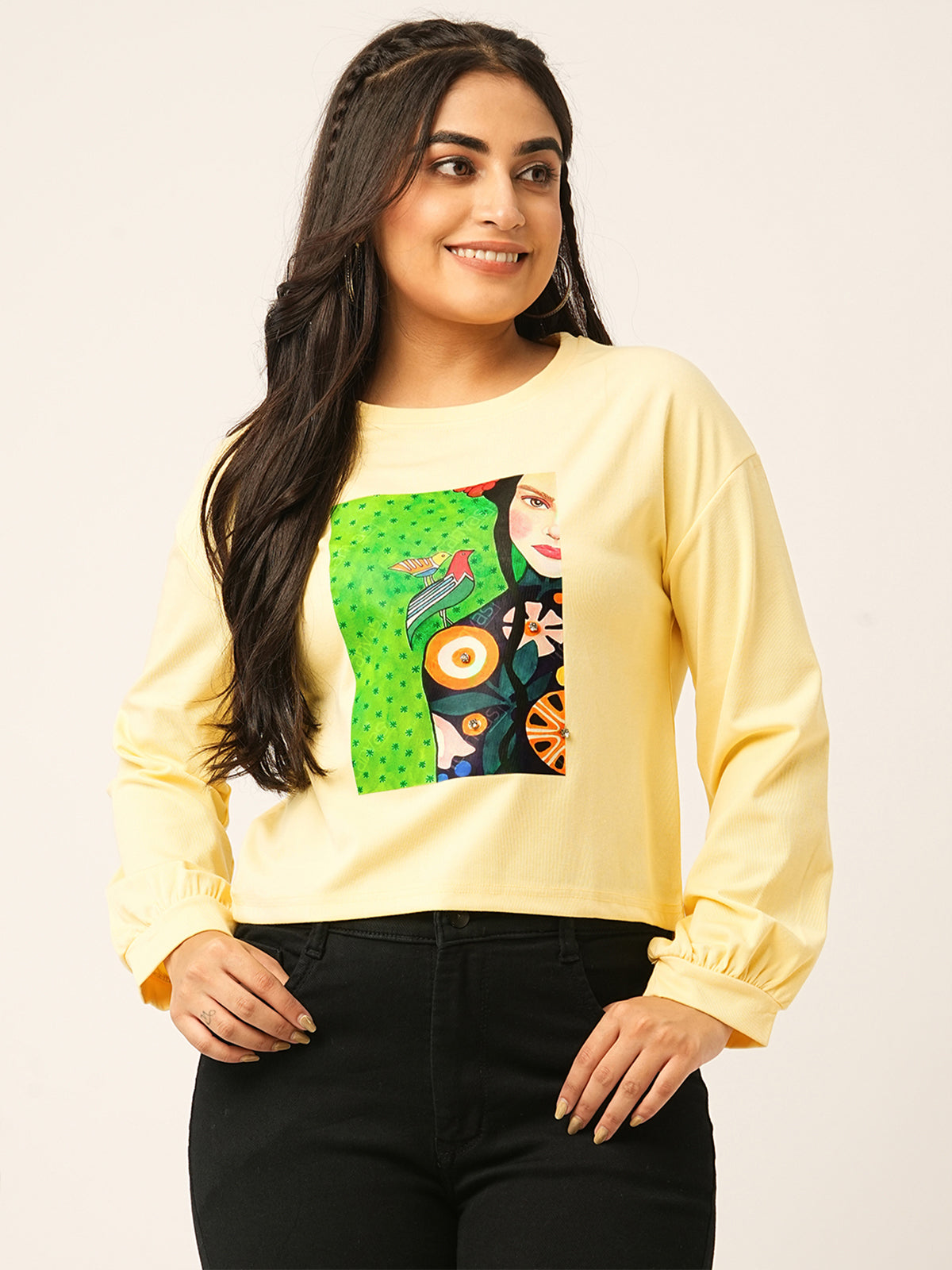 Odette Yellow Cotton Blend  Printed Top For Women