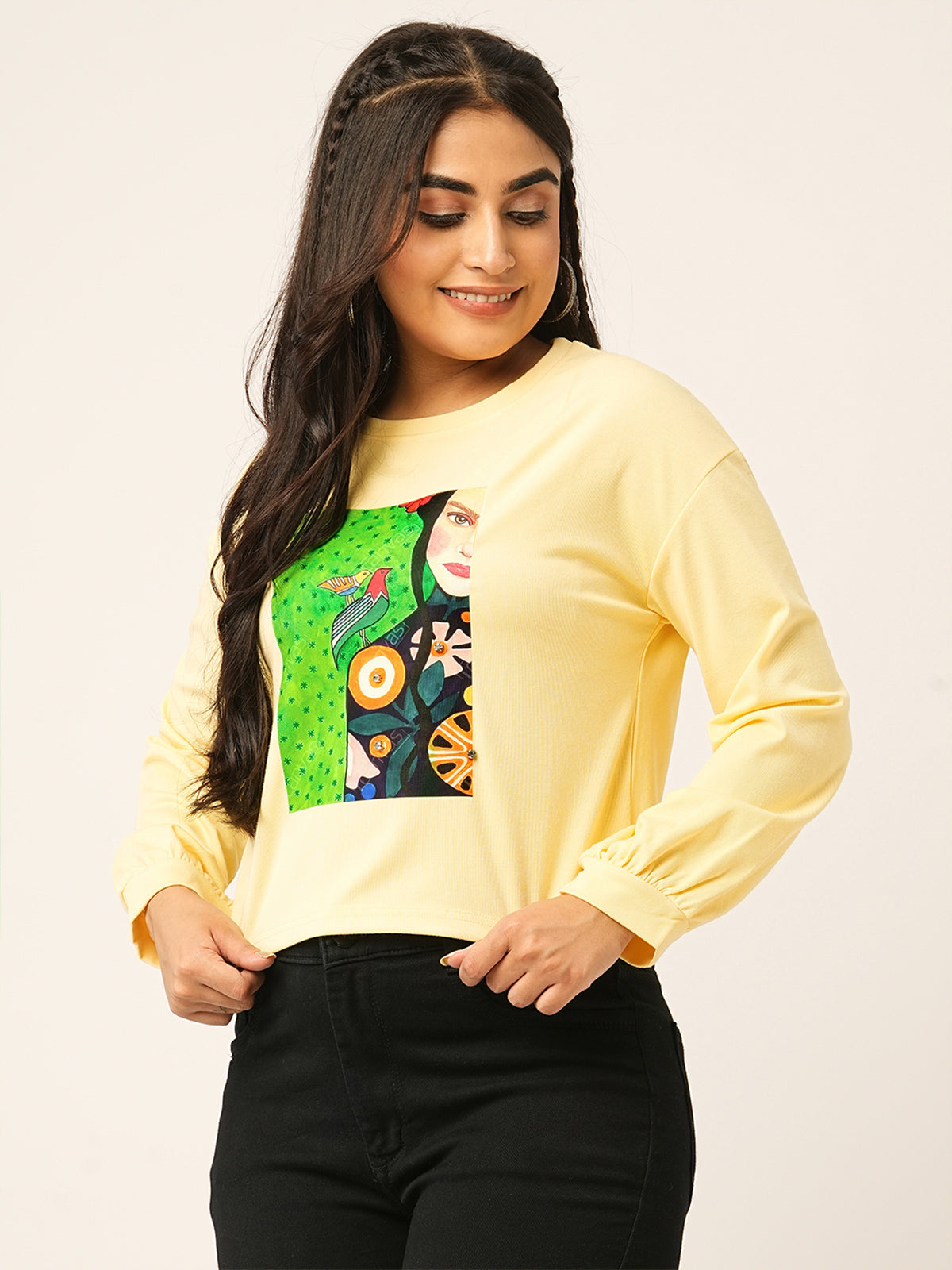 Odette Yellow Cotton Blend  Printed Top For Women