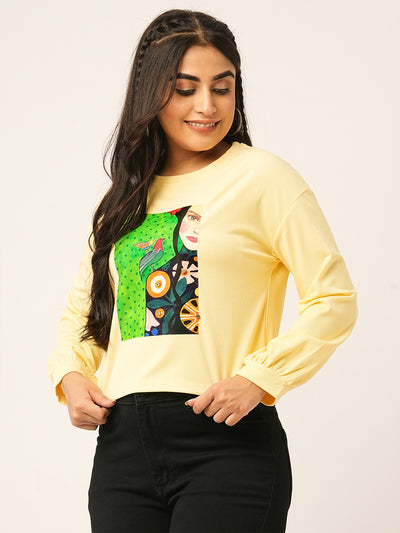 Odette Yellow Cotton Blend  Printed Top For Women