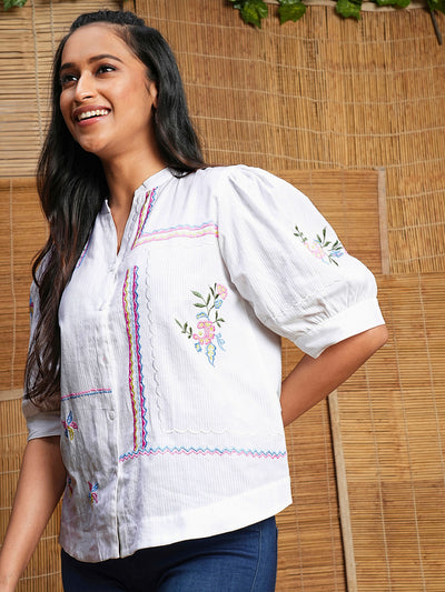 Odette White Cotton Printed Shirt For Women