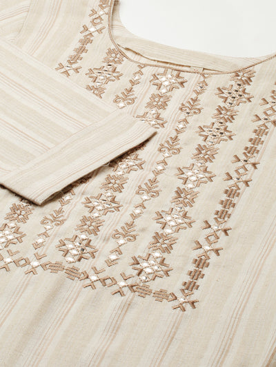 Cotton  Embroidery Cream Straight Kurta For Women