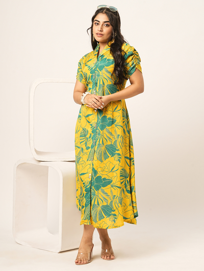 Odette Yellow Cotton Printed Indo Western Dress For Women