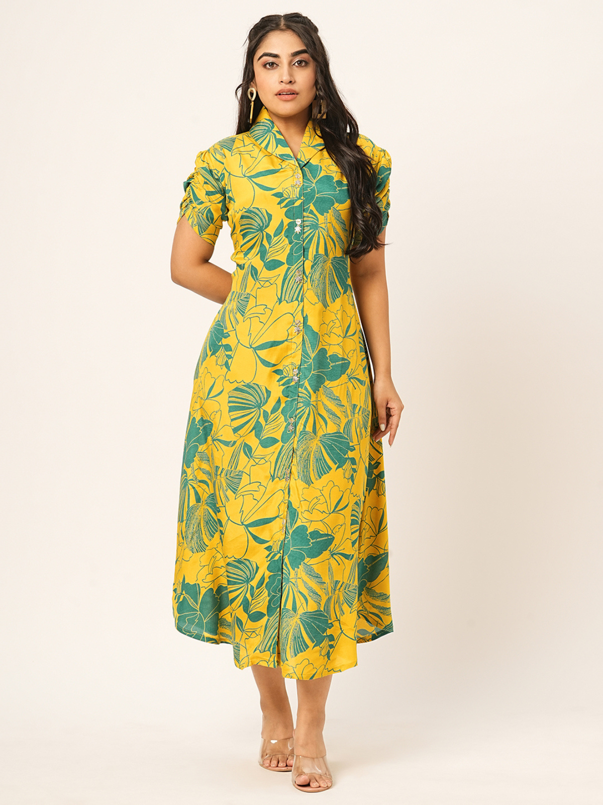 Odette Yellow Cotton Printed Indo Western Dress For Women