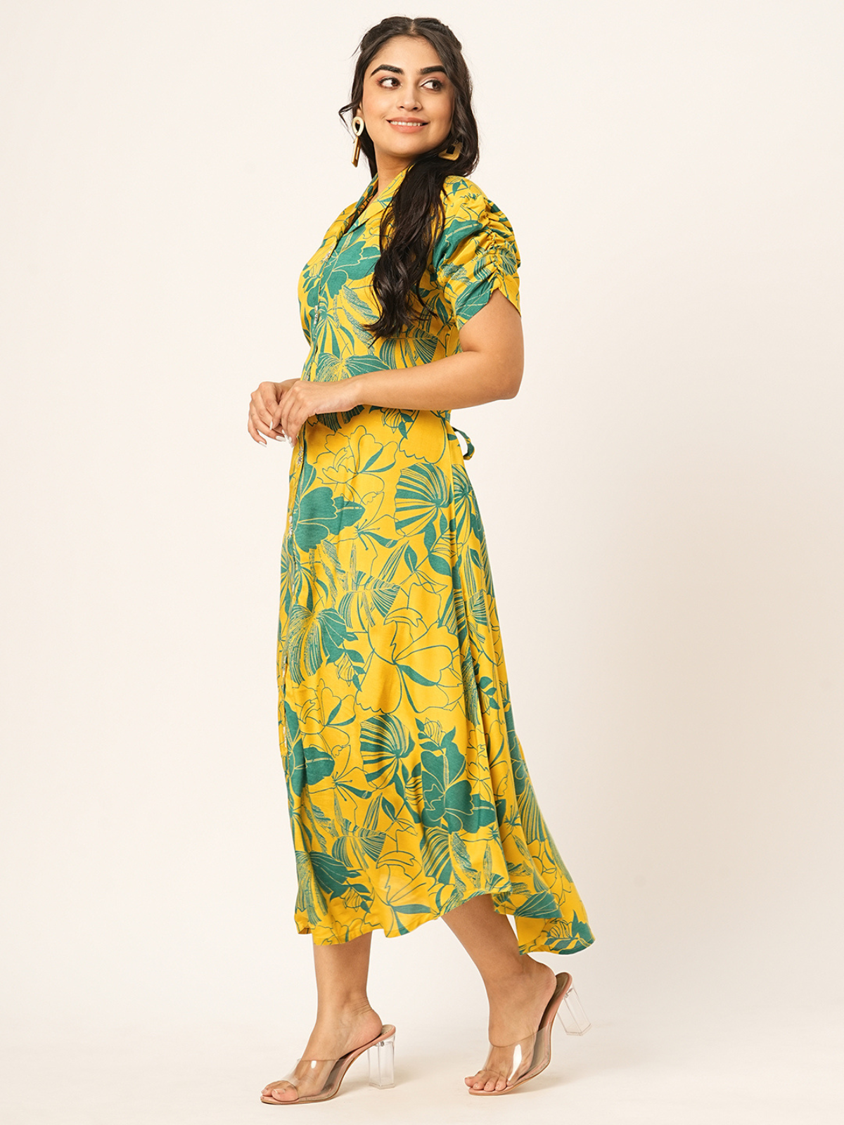 Odette Yellow Cotton Printed Indo Western Dress For Women