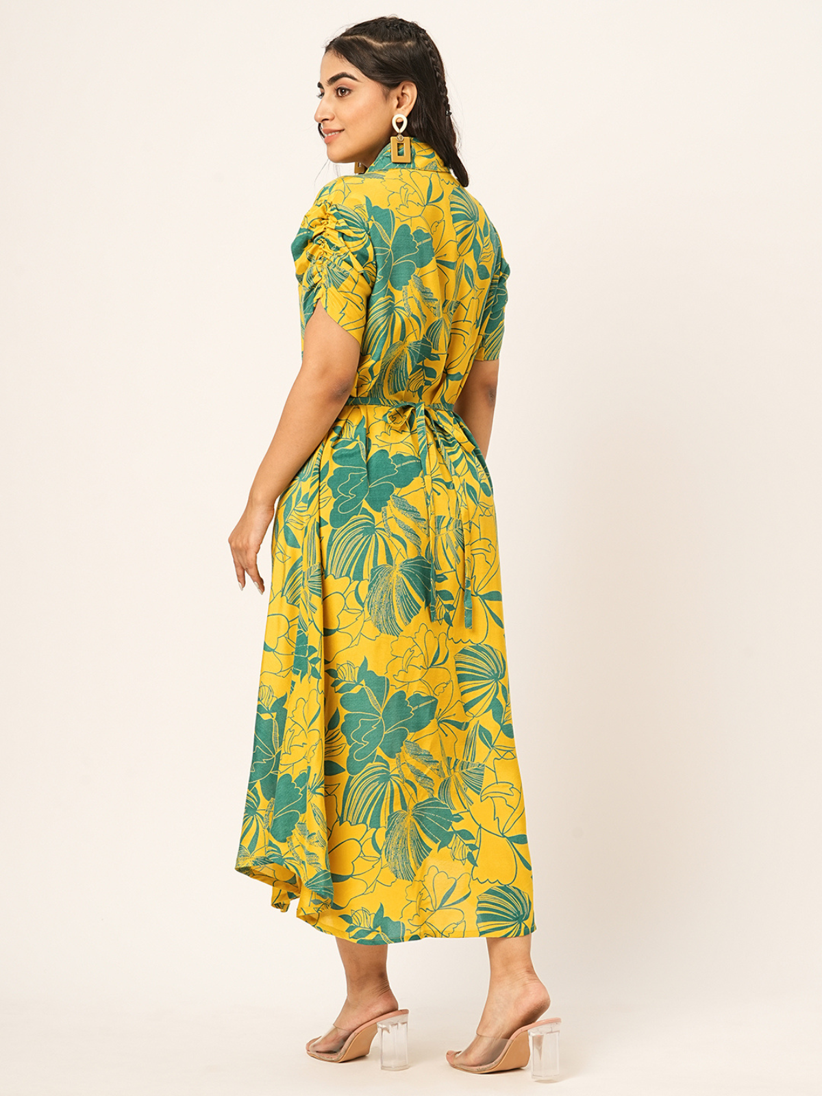 Odette Yellow Cotton Printed Indo Western Dress For Women