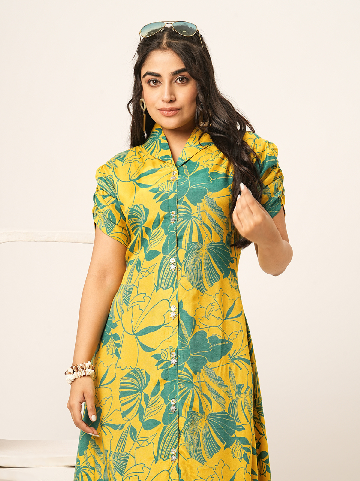 Odette Yellow Cotton Printed Indo Western Dress For Women